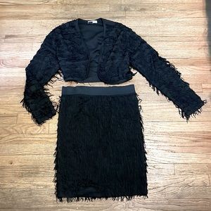 Vintage 90’s PINK DRAGON black fringe bolero+skirt set size L